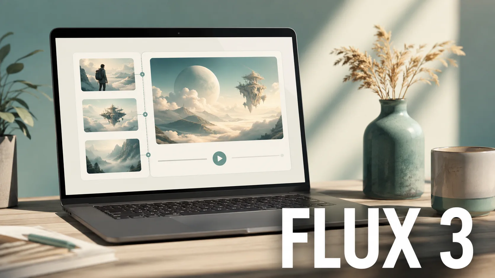 Still editorial — caminho do gerador no navegador, rotulado FLUX 3
