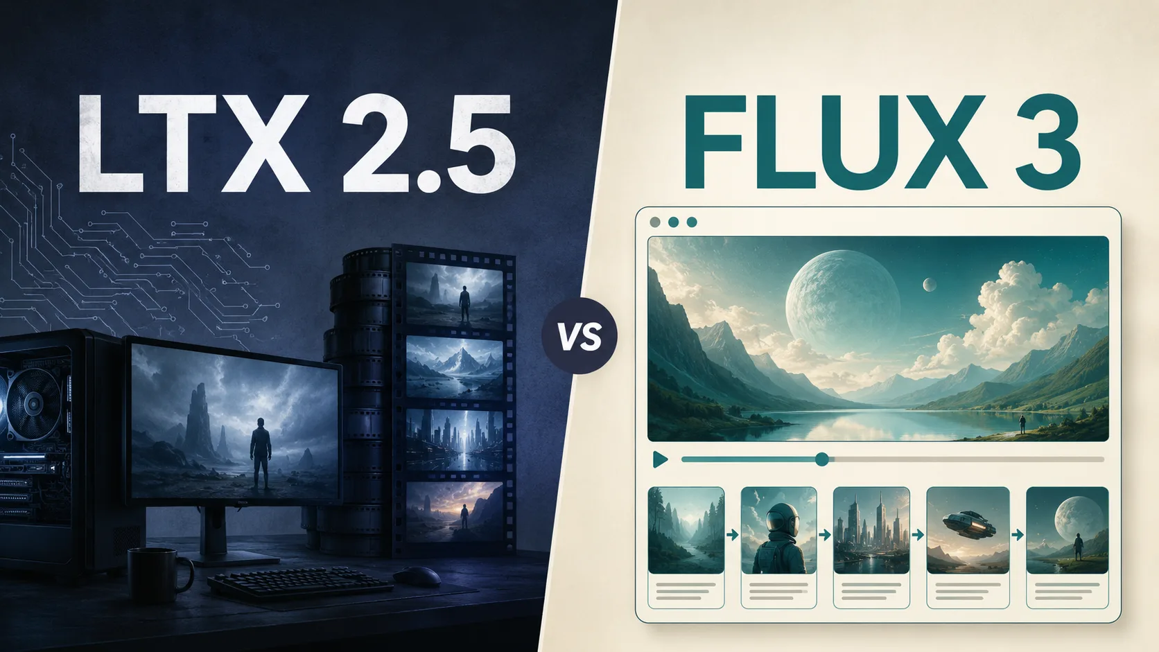 Still editorial de comparação dual-panel — LTX 2.5 vs FLUX 3